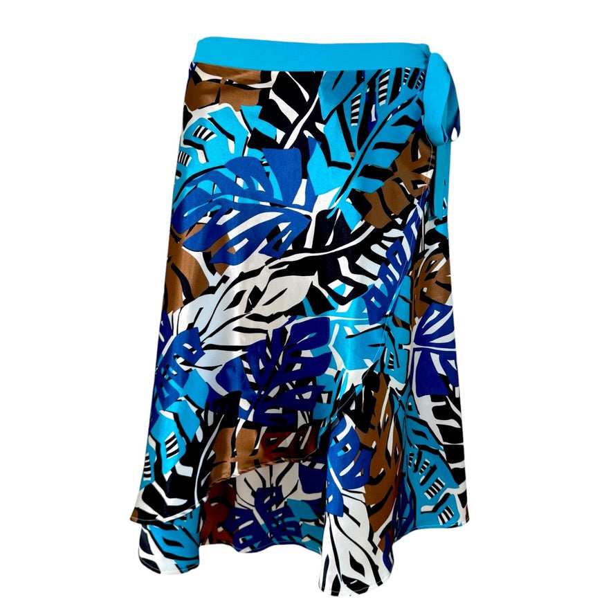 BOW2FLOW Wickelrock Tanzrock - ein Unikat in Gr. L / XL / XXL - Palmenmuster Blau/Braun/Creme Band Türkis