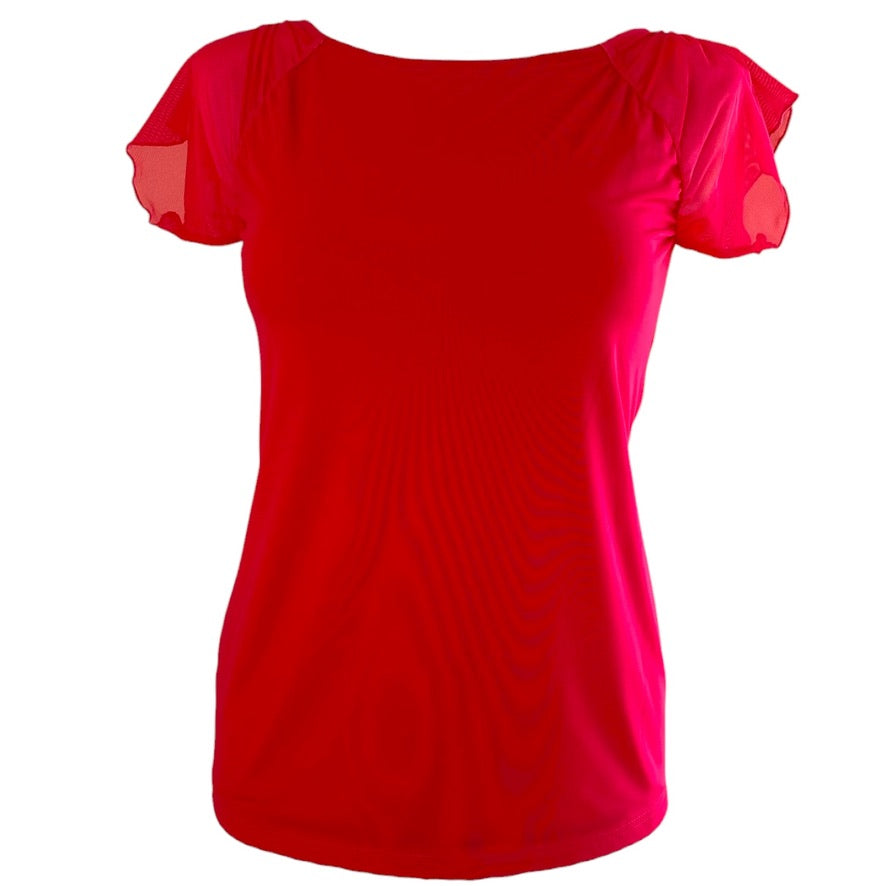 Tanzshirt Tangoshirt - ein Unikat in Gr. L - Candy-mesh über tangoroter Viskose, Rücken semitransparent