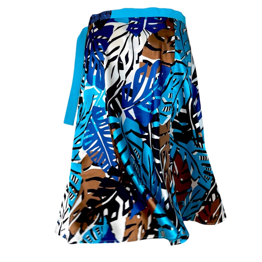 BOW2FLOW Wickelrock Tanzrock - ein Unikat in Gr. L / XL / XXL - Palmenmuster Blau/Braun/Creme Band Türkis
