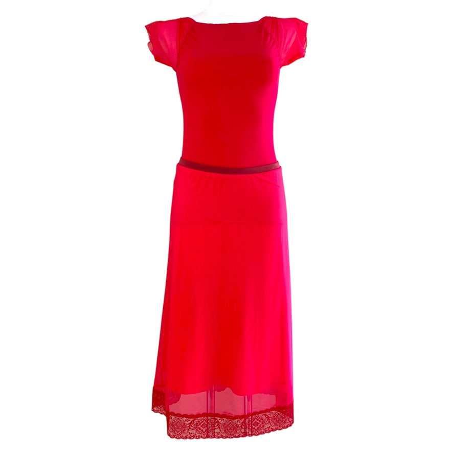 Camiseta de baile, camiseta de tango - una pieza única en talla XS - Candy-mesh sobre viscosa rojo tango, espalda semitransparente, encaje en la espalda