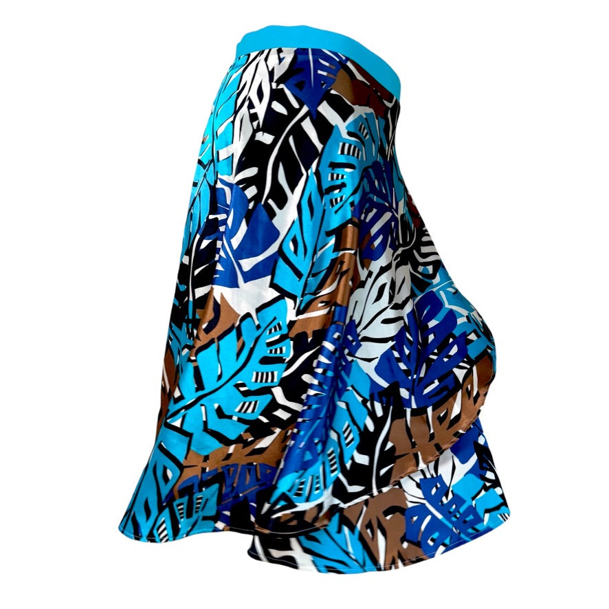 BOW2FLOW Wickelrock Tanzrock - ein Unikat in Gr. L / XL / XXL - Palmenmuster Blau/Braun/Creme Band Türkis