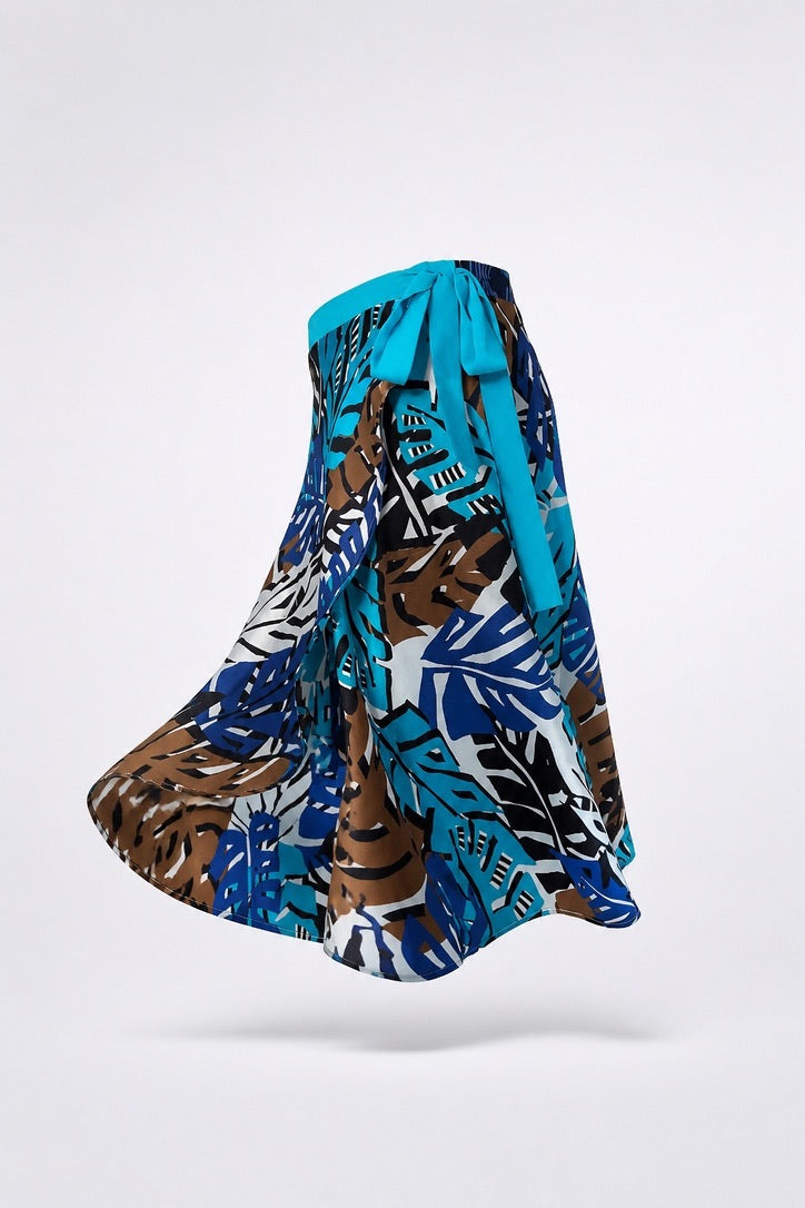 BOW2FLOW Wickelrock Tanzrock - ein Unikat in Gr. L / XL / XXL - Palmenmuster Blau/Braun/Creme Band Türkis