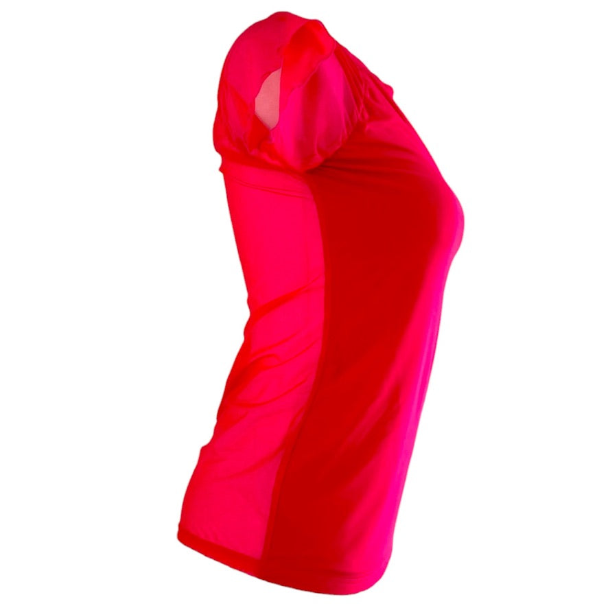 Tanzshirt Tangoshirt - ein Unikat in Gr. L - Candy-mesh über tangoroter Viskose, Rücken semitransparent