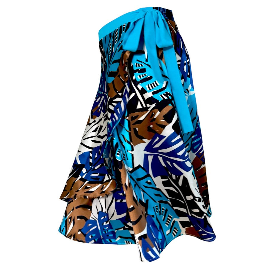 BOW2FLOW Wickelrock Tanzrock - ein Unikat in Gr. L / XL / XXL - Palmenmuster Blau/Braun/Creme Band Türkis