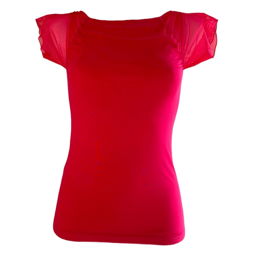 Tanzshirt Tangoshirt - ein Unikat in Gr. L - Candy-mesh über tangoroter Viskose, Rücken semitransparent