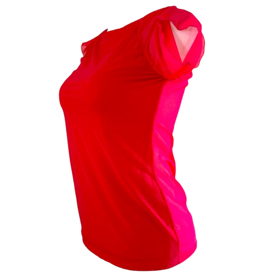 Tanzshirt Tangoshirt - ein Unikat in Gr. L - Candy-mesh über tangoroter Viskose, Rücken semitransparent
