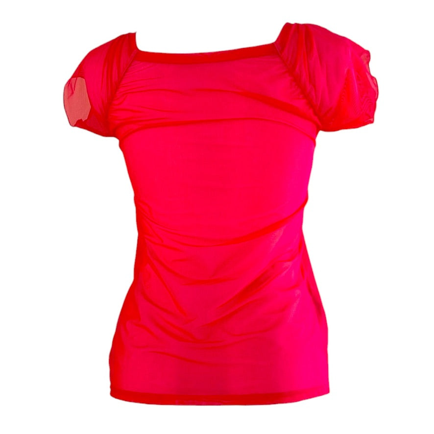 Camiseta de baile, camiseta de tango - una pieza única en talla XS - Candy-mesh sobre viscosa rojo tango, espalda semitransparente, encaje en la espalda