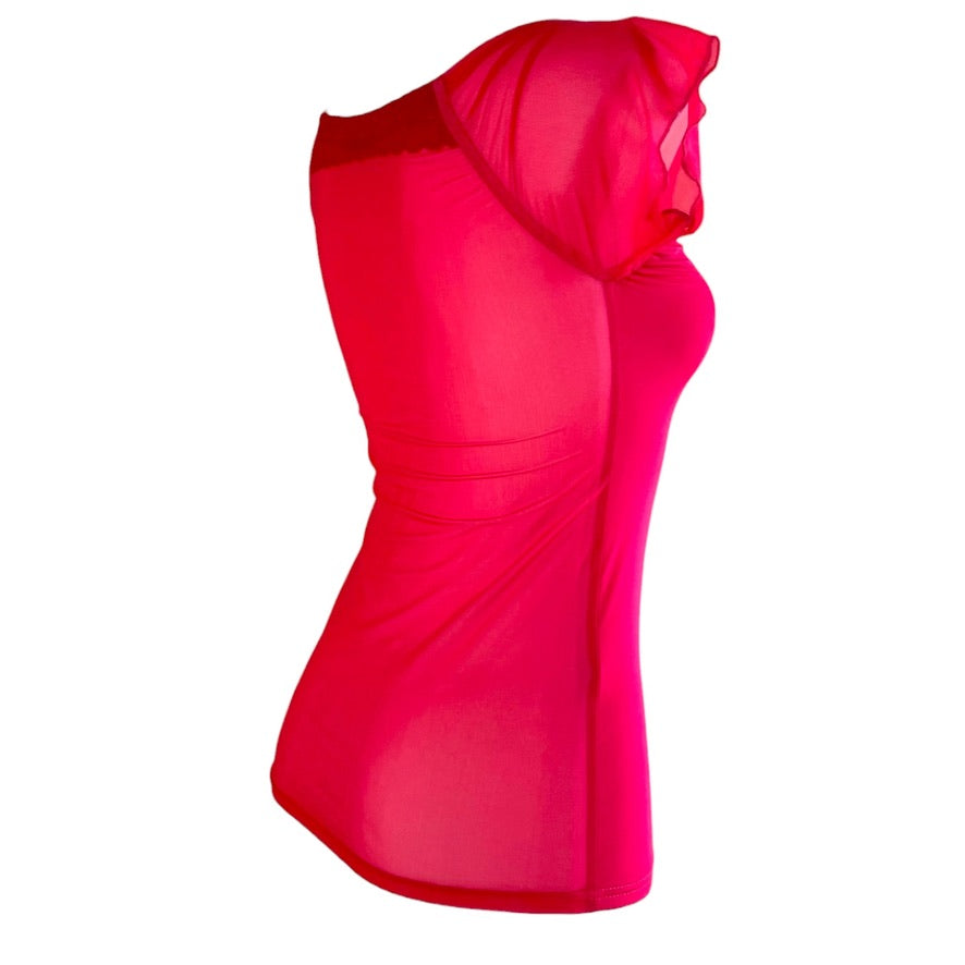 Camiseta de baile, camiseta de tango - una pieza única en talla XS - Candy-mesh sobre viscosa rojo tango, espalda semitransparente, encaje en la espalda