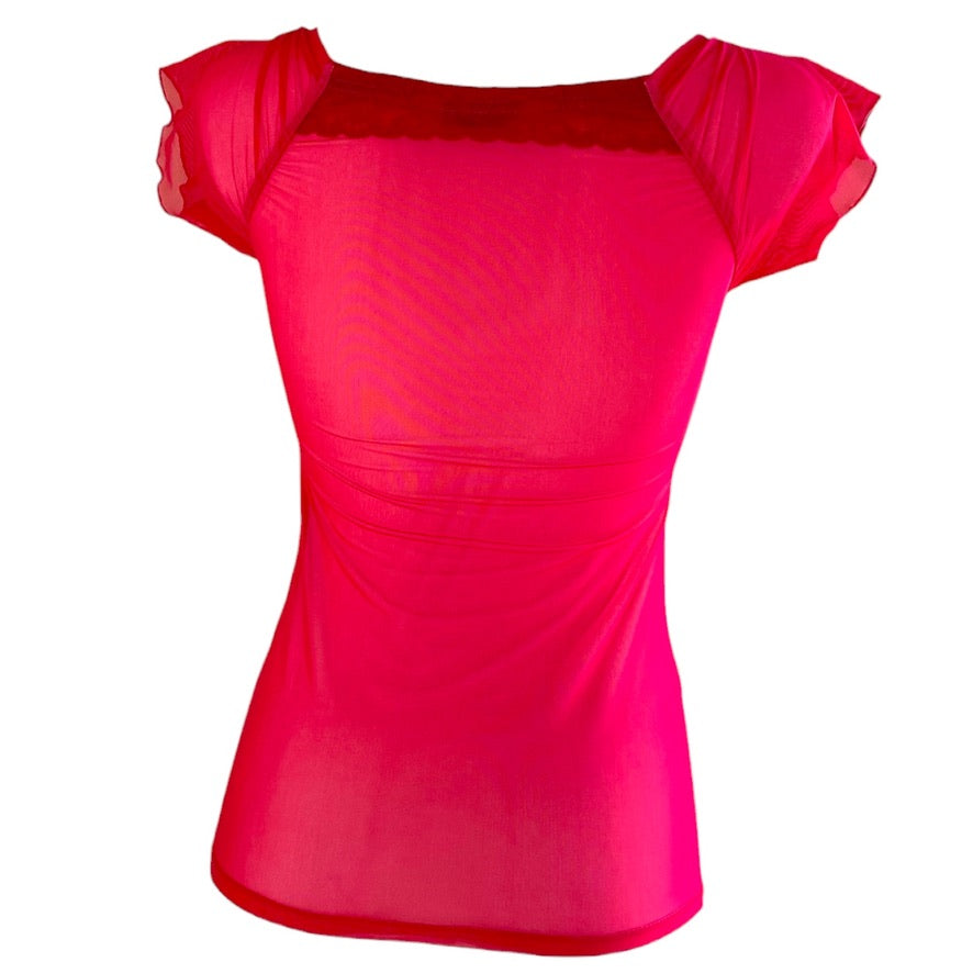 Camiseta de baile, camiseta de tango - una pieza única en talla XS - Candy-mesh sobre viscosa rojo tango, espalda semitransparente, encaje en la espalda