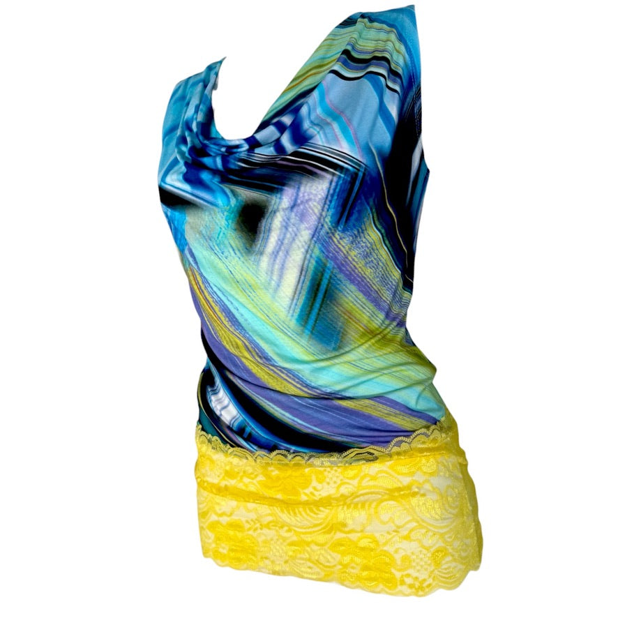 Tangotop Tanztop - ein Unikta in Gr. S - Aquatöne mit sonnengelber Spitze