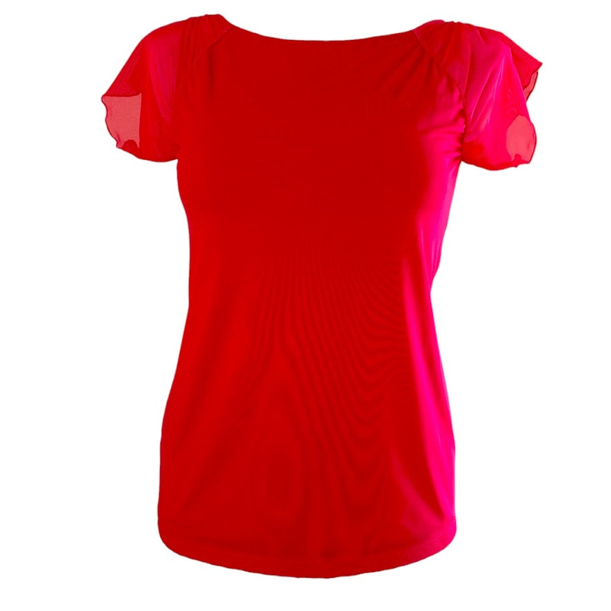 Tanzshirt Tangoshirt - ein Unikat in Gr. L - Candy-mesh über tangoroter Viskose, Rücken semitransparent
