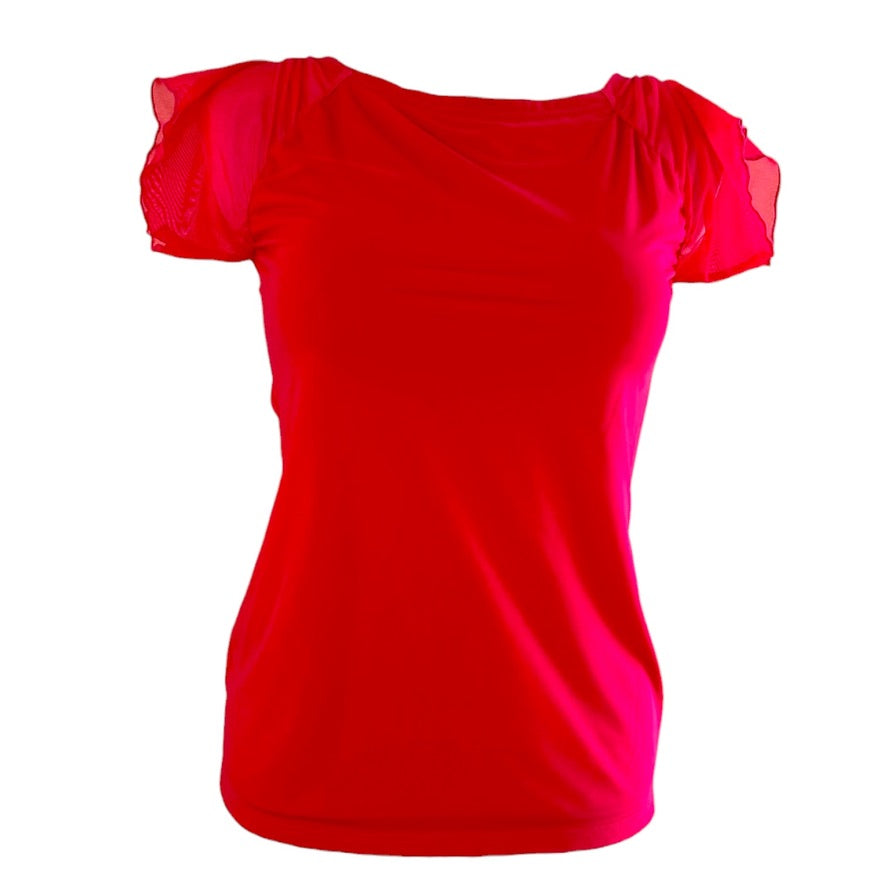 Tanzshirt Tangoshirt - ein Unikat in Gr. L - Candy-mesh über tangoroter Viskose, Rücken semitransparent