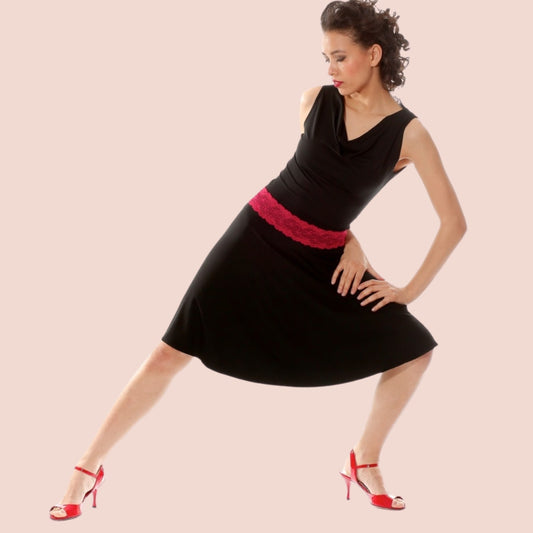 Jerseykleid Isra – knielang, schwarz mit Rot – Tango, Tanz & Basic