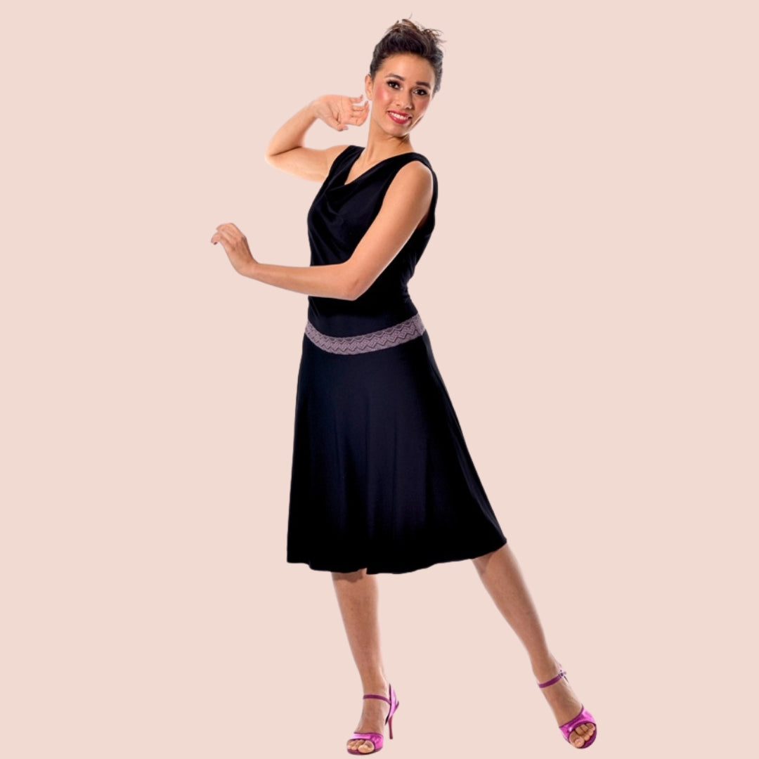 Jerseykleid Wien – knielang, schwarz mit Flieder – Tango, Tanz & Basic