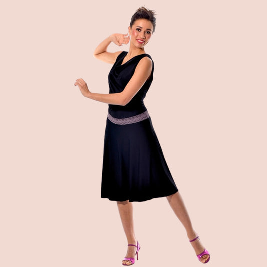 Jerseykleid Wien – knielang, schwarz mit Flieder – Tango, Tanz & Basic