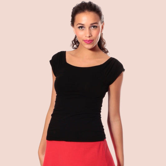 Shirt Boston – Kurzarm, Carmen-Ausschnitt, schwarz – Tango, Tanz & Basic