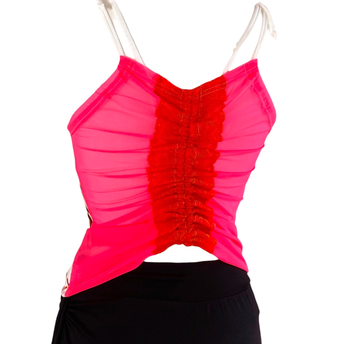 Tanztop Tangotop - ein UNIKAT in Gr. XS - PECARO Confetti-Jersey, Mesh Neonpink und Spitze Orange