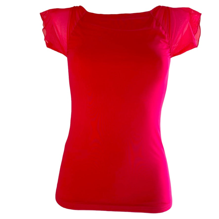 Camiseta de baile, camiseta de tango - una pieza única en talla XS - Candy-mesh sobre viscosa rojo tango, espalda semitransparente, encaje en la espalda