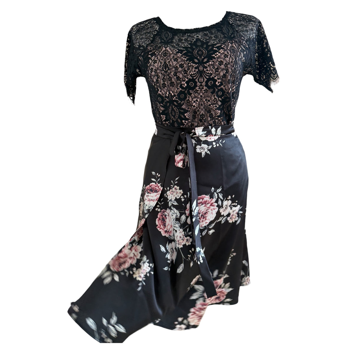 BOW2FLOW Wickelrock Tanzrock - Satin, Schwarz, englische Rosen - LIMITIERTE STÜCKZAHL