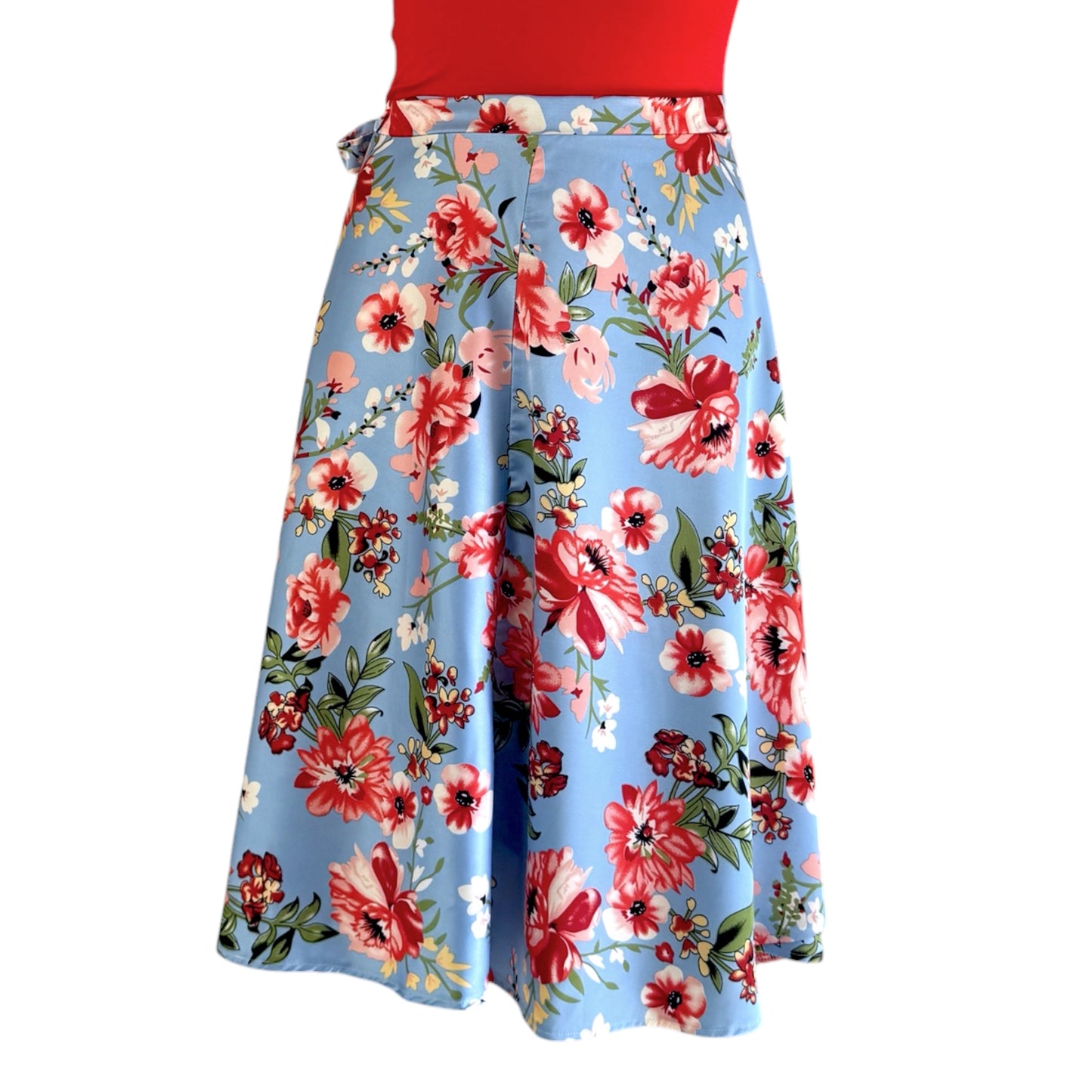 BOW2FLOW Wickelrock Tanzrock - Himmelblau / rote Blüten - LIMITIERTE STÜCKZAHL