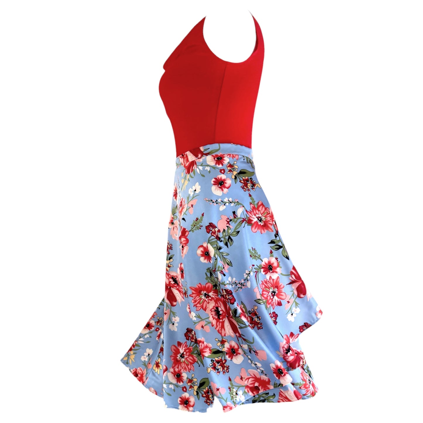 BOW2FLOW Wickelrock Tanzrock - Himmelblau / rote Blüten - LIMITIERTE STÜCKZAHL