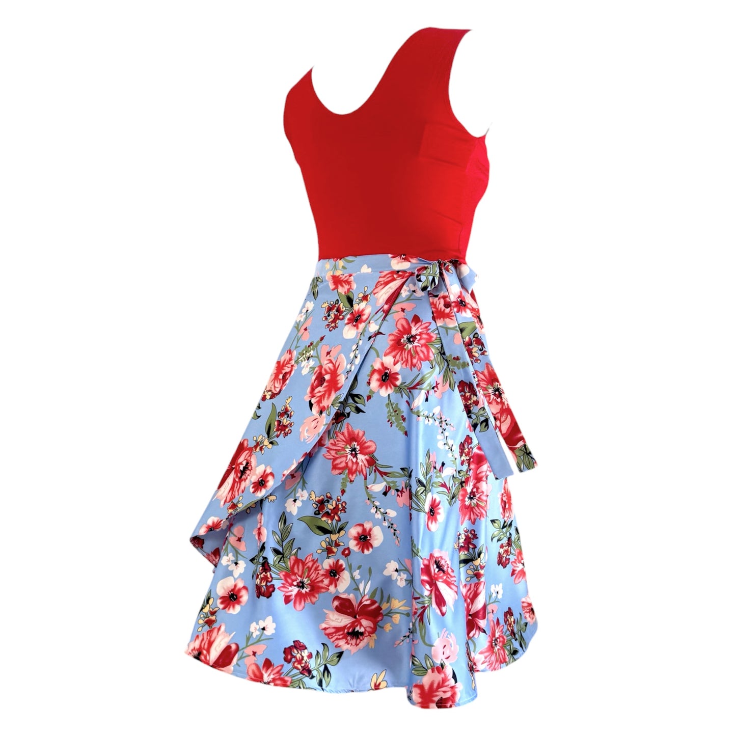 BOW2FLOW Wickelrock Tanzrock - Himmelblau / rote Blüten - LIMITIERTE STÜCKZAHL
