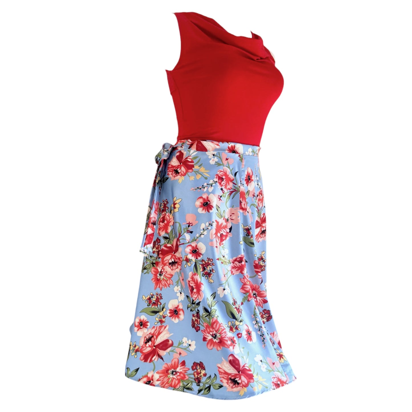 BOW2FLOW Wickelrock Tanzrock - Himmelblau / rote Blüten - LIMITIERTE STÜCKZAHL