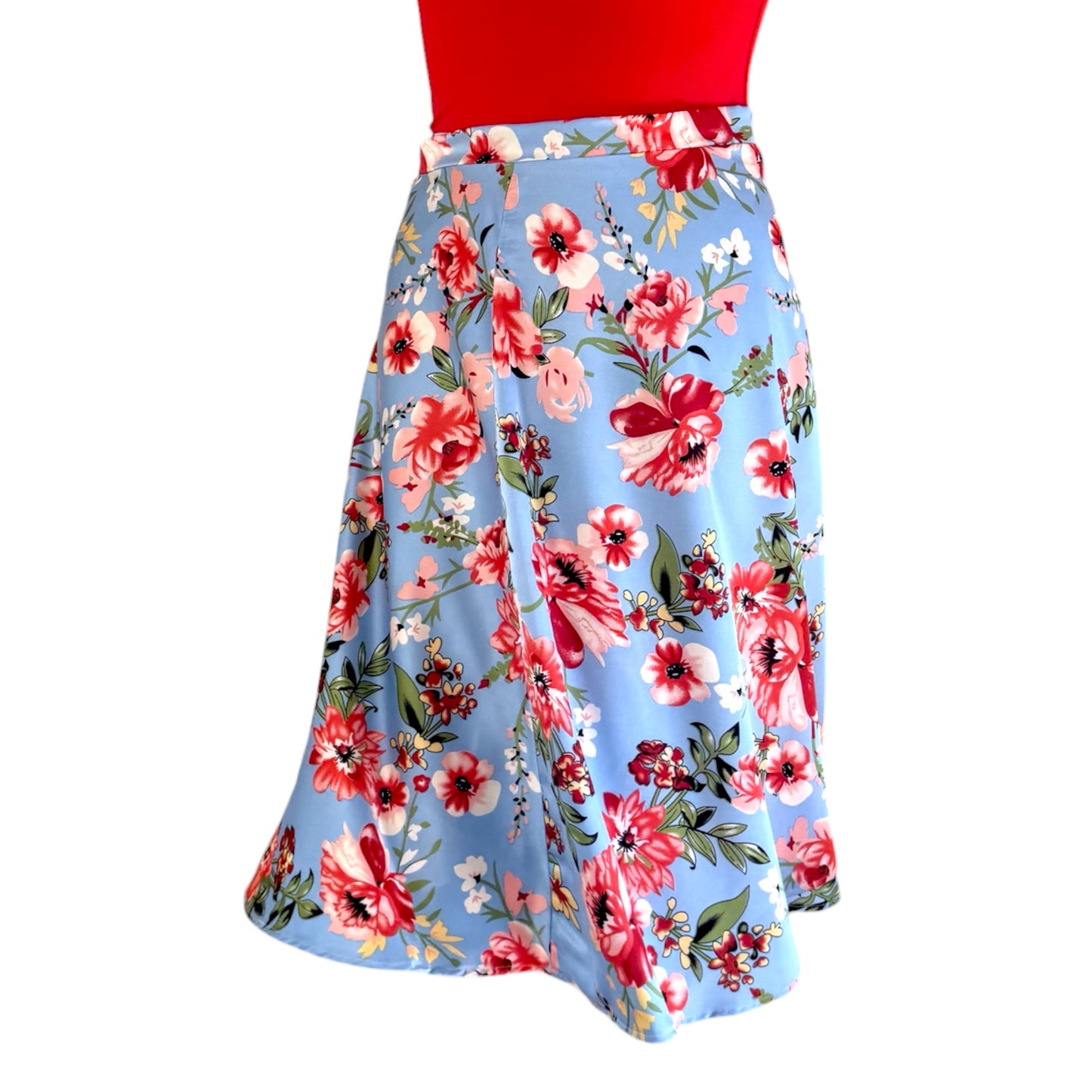 BOW2FLOW Wickelrock Tanzrock - Himmelblau / rote Blüten - LIMITIERTE STÜCKZAHL