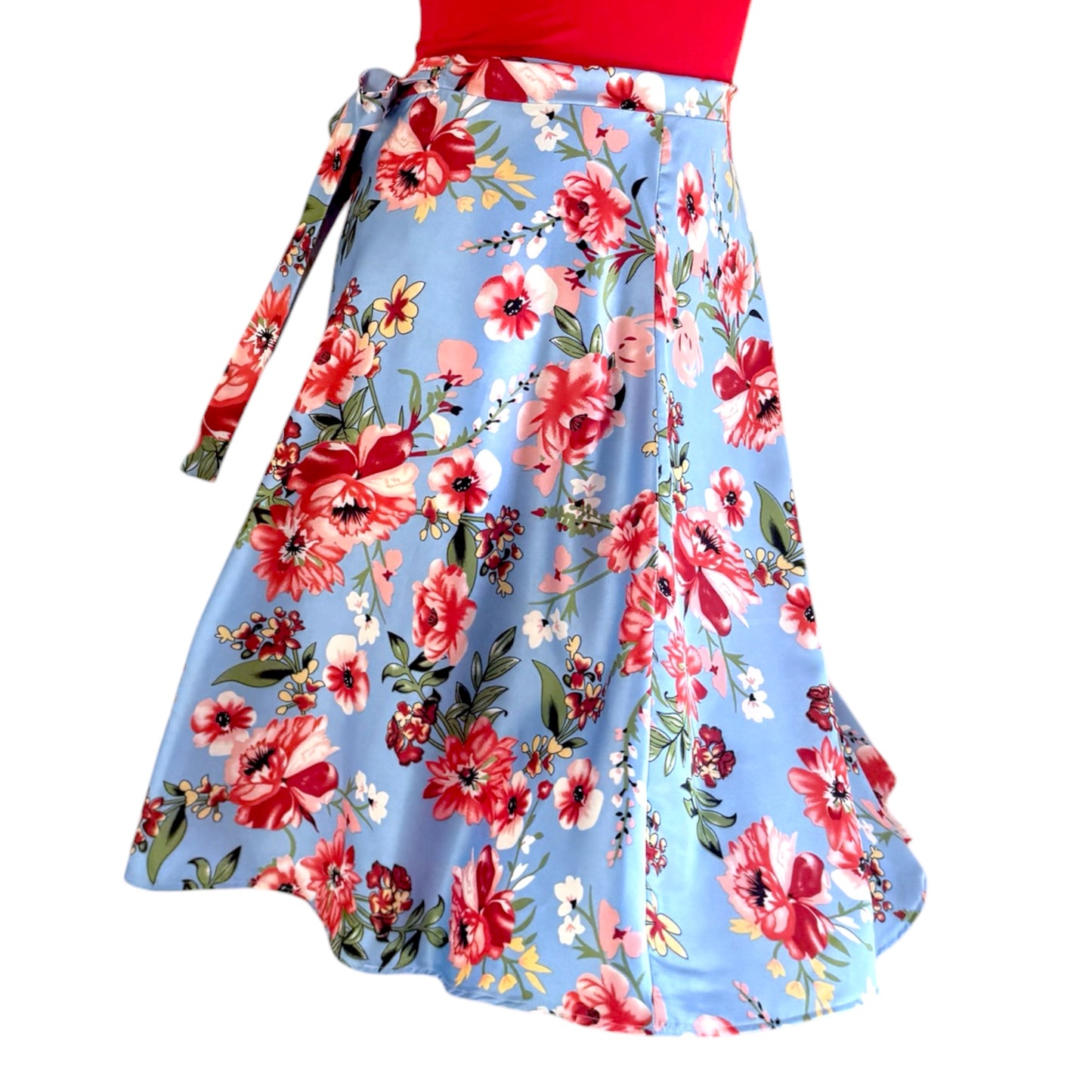 BOW2FLOW Wickelrock Tanzrock - Himmelblau / rote Blüten - LIMITIERTE STÜCKZAHL