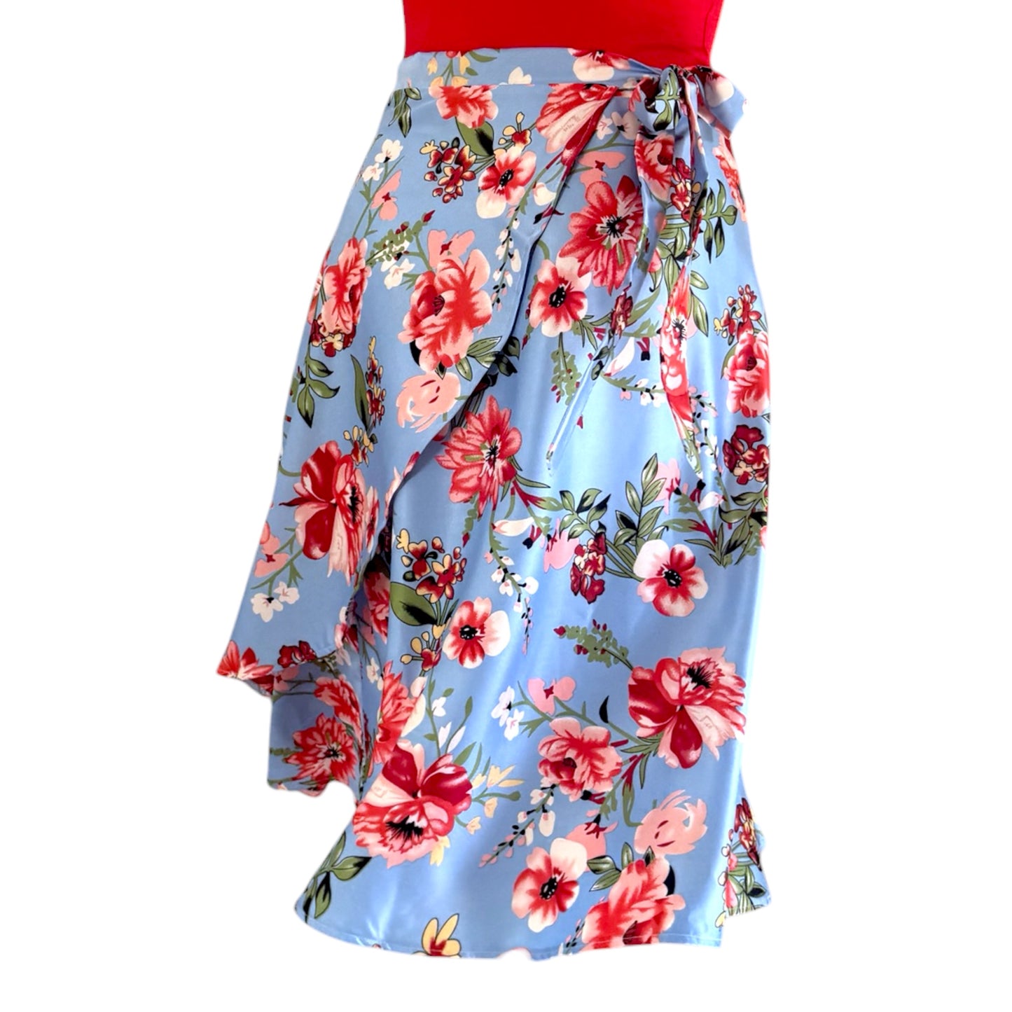 BOW2FLOW Wickelrock Tanzrock - Himmelblau / rote Blüten - LIMITIERTE STÜCKZAHL
