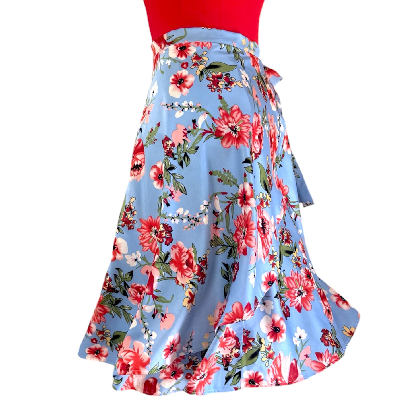 BOW2FLOW Wickelrock Tanzrock - Himmelblau / rote Blüten - LIMITIERTE STÜCKZAHL