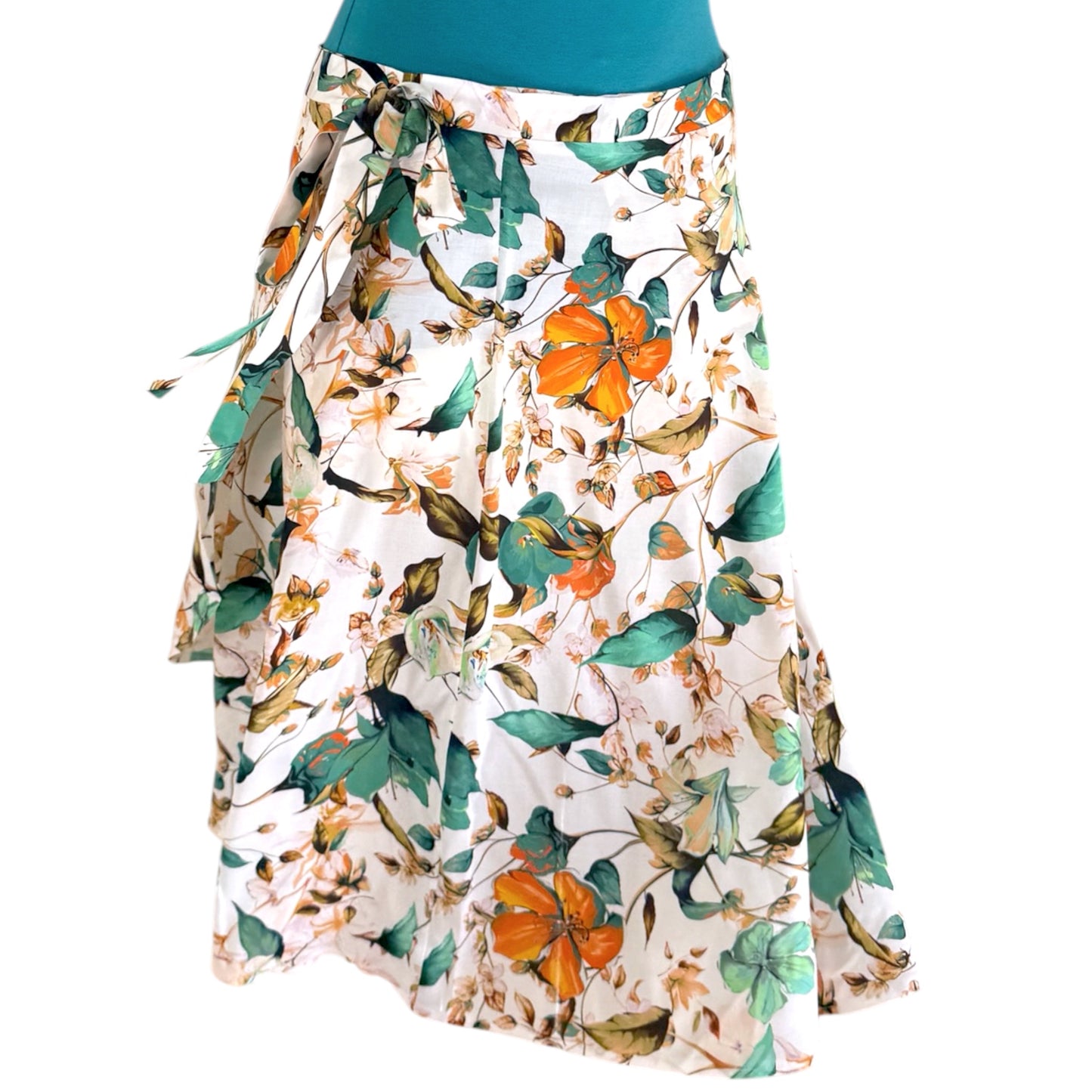 BOW2FLOW Wickelrock Tanzrock - Blüten Grün / Orange auf Creme - LIMITIERTE STÜCKZAHL