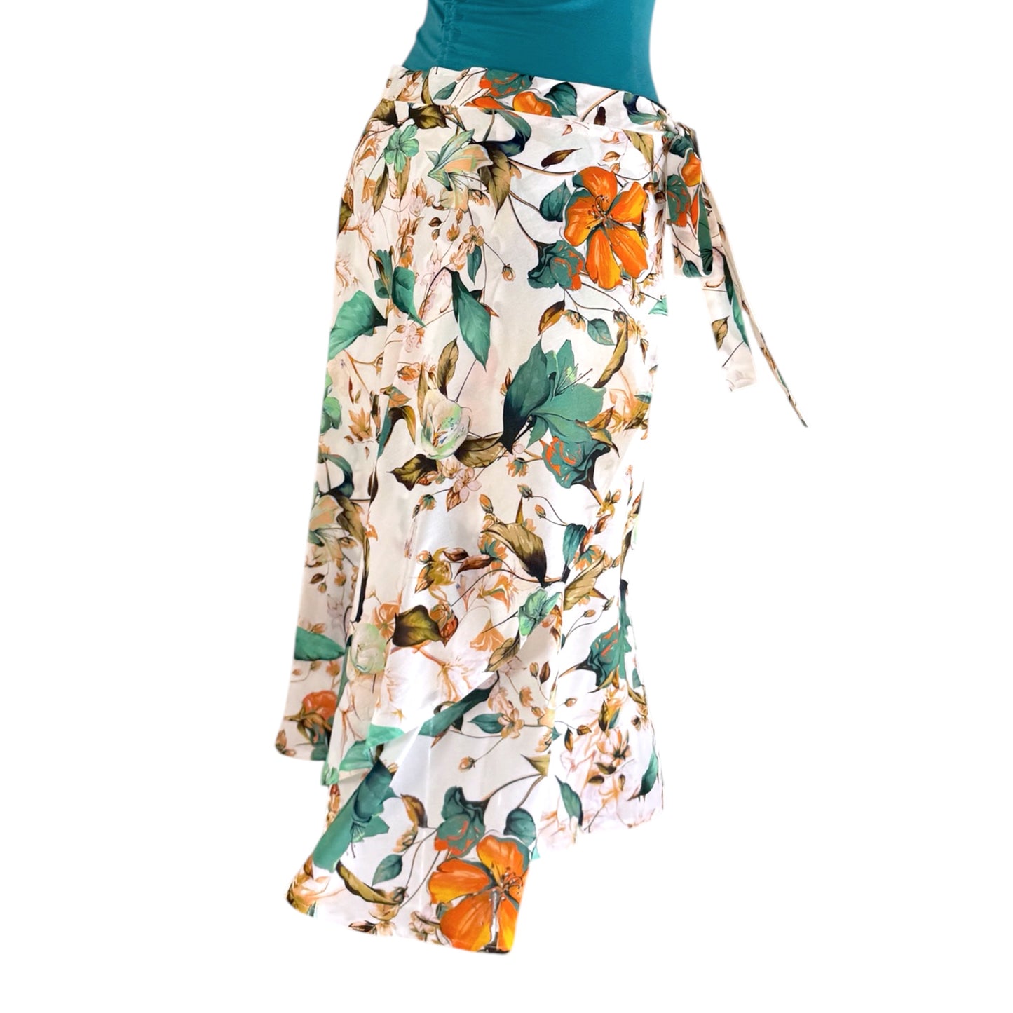 BOW2FLOW Wickelrock Tanzrock - Blüten Grün / Orange auf Creme - LIMITIERTE STÜCKZAHL